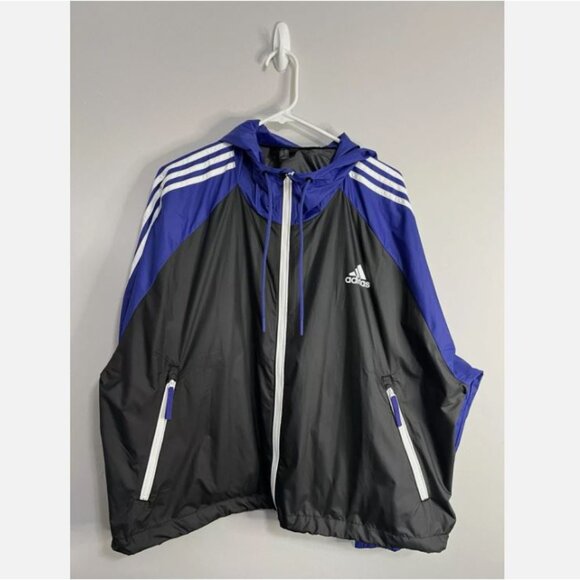 Adidas Women's Hooded Windbreaker Packable Jacket Sz XL Black Blue White Stripes - Picture 4 of 7